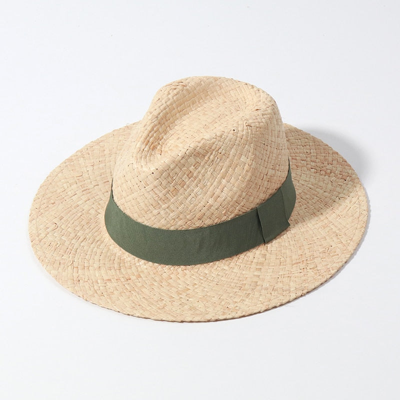 Panama Sun Hat on white background with green ribbon