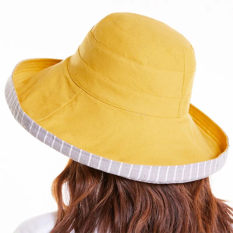 brimmed sun hat in yellow showing back of hat 