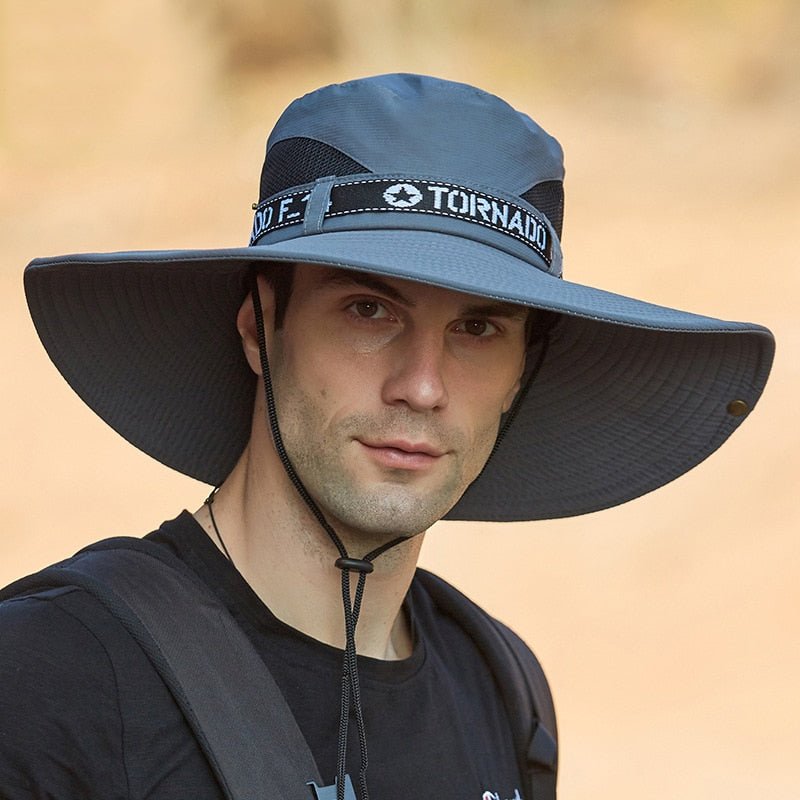 sunshade hat in gray on model front view 