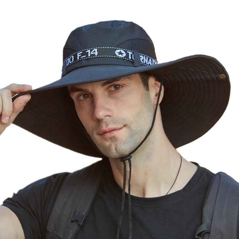 sunshade hat on model holding hand on hat 