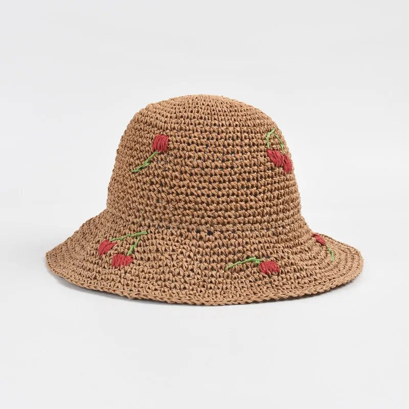 crochet bucket hats front view of the roses emblem hat in brown