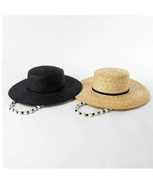 Straw Hat with Pearl Chain