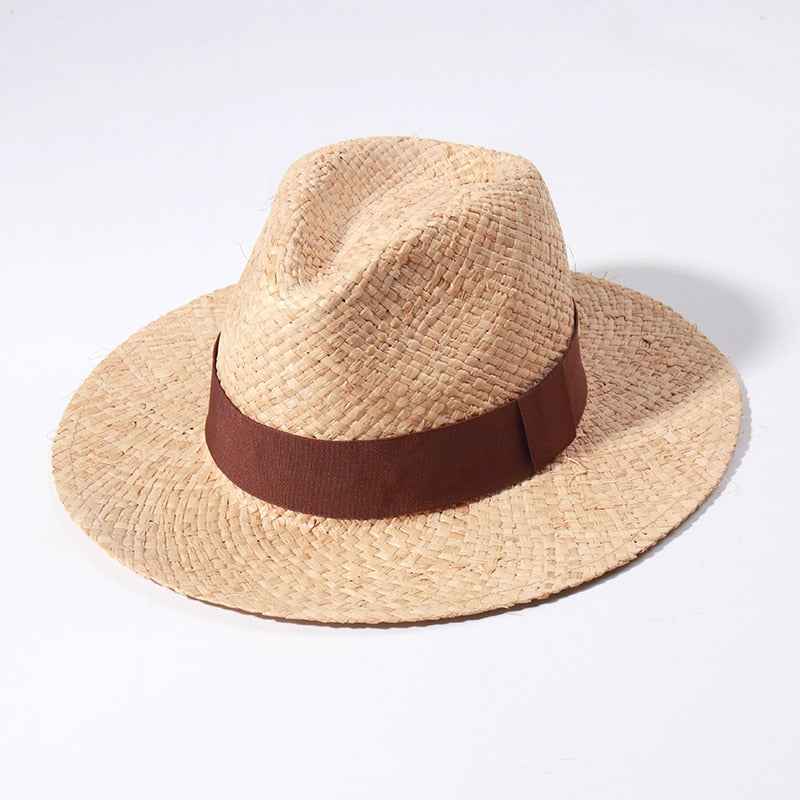 Panama Sun Hat on white background with brown ribbon