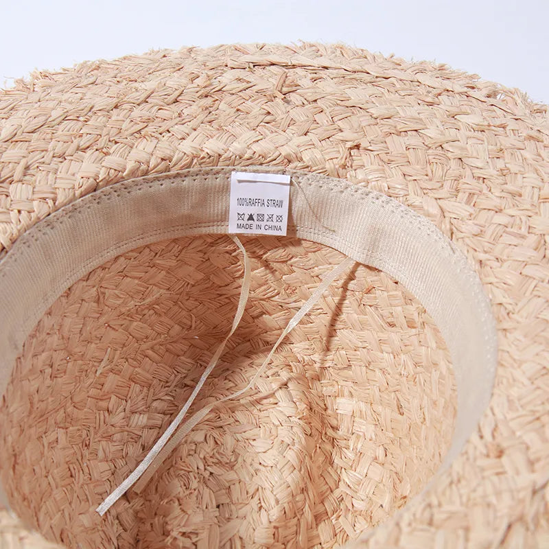 summer straw hat showing inside of hat 