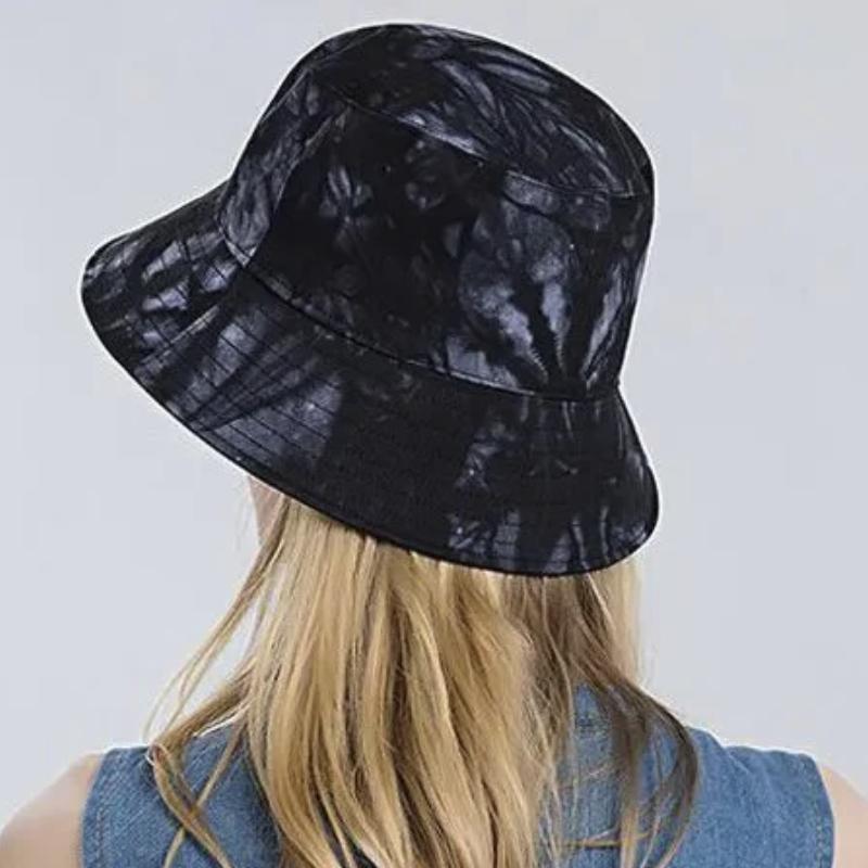 Tie Dye Bucket Hat in black on model showing back view 