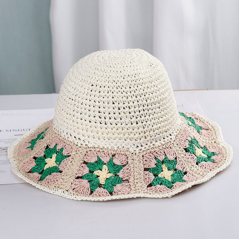 knit bucket hat with green flowers