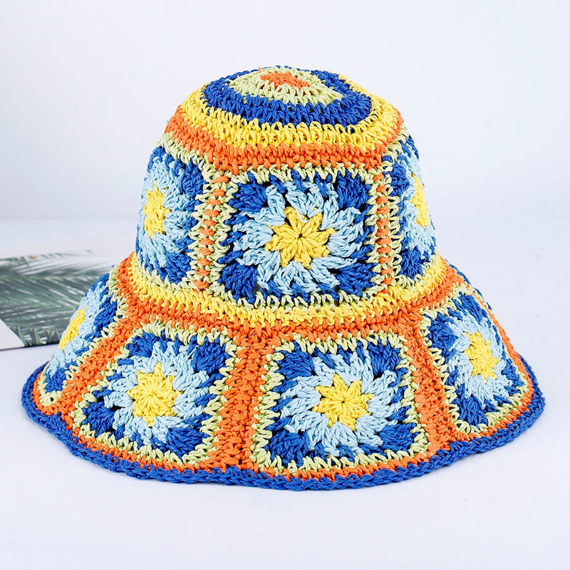 knit bucket hat in yellow, orange and blue
