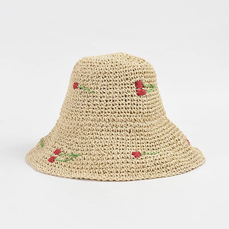 crochet bucket hats front view of the roses emblem hat in tan 