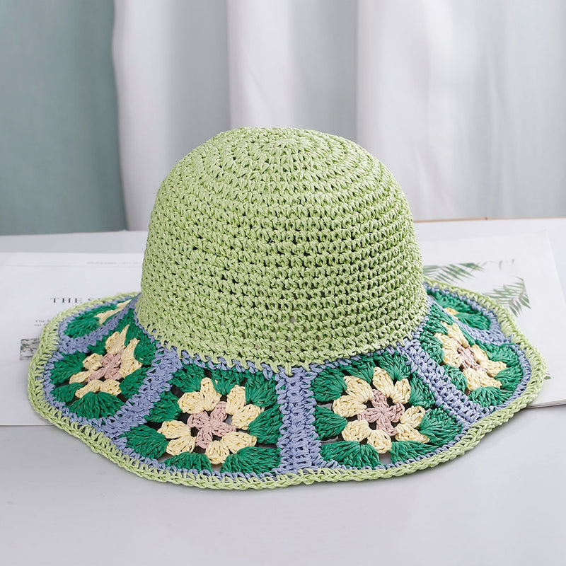 knit bucket hat in green and yellow