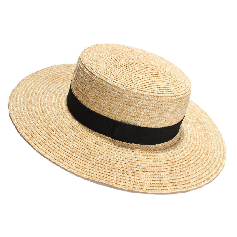 Summer Straw Flat Hat With Wide Brim And Black Ribbon