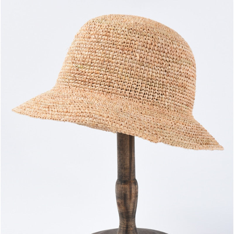 crochet bucket hat closeup on stand