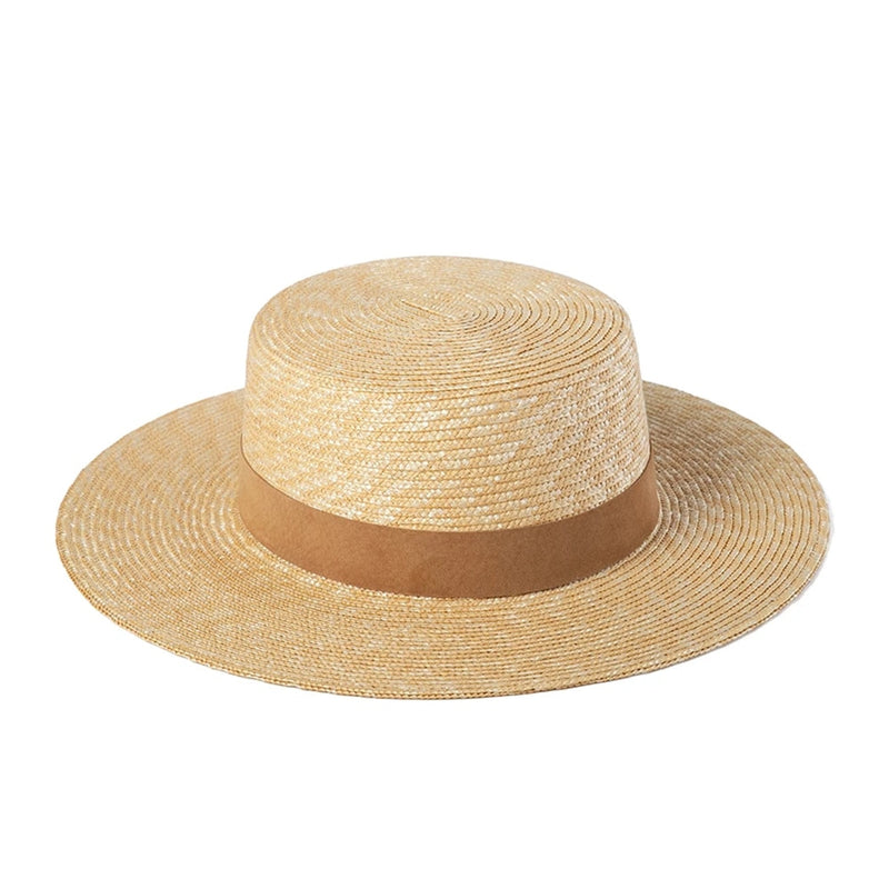 Wide Brim Raffia Flat Top Hat With Tan Ribbon