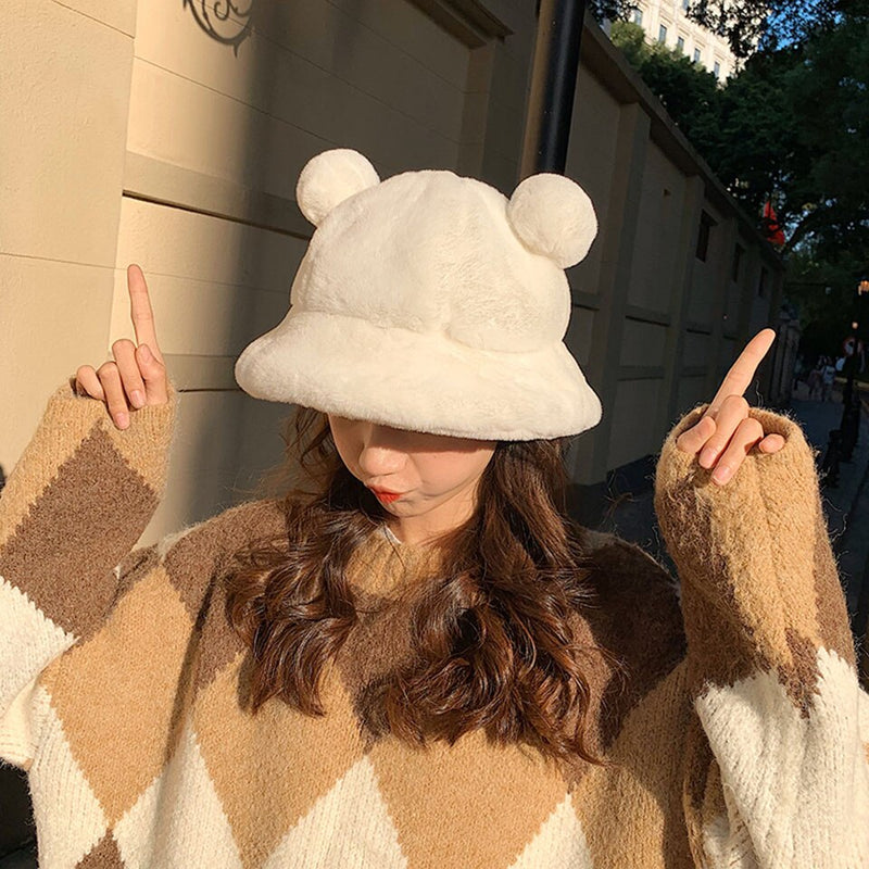 Cute Bear Ear Fur Bucket Hat