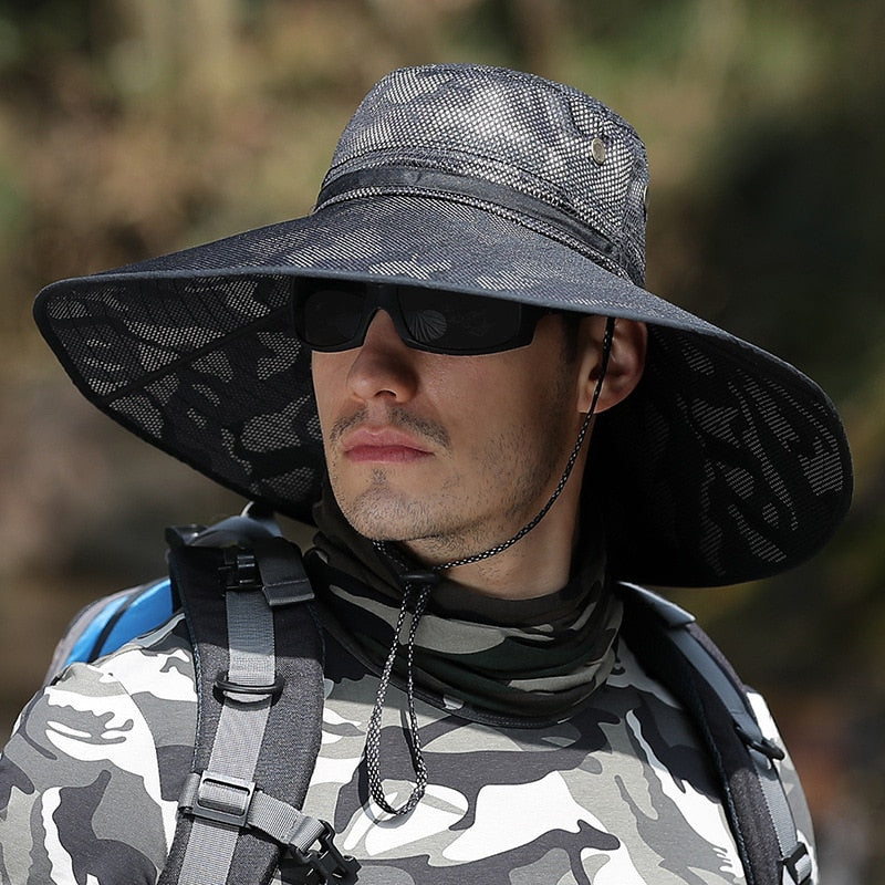 camouflage bucket hat on model