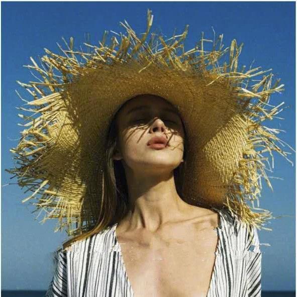 Straw Sun Hat With Large Wide Frayed Brim