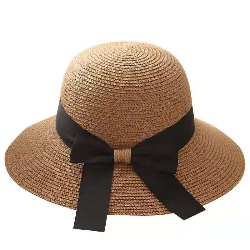 Straw Bucket Hat With Cute Black Ribbon and Bow