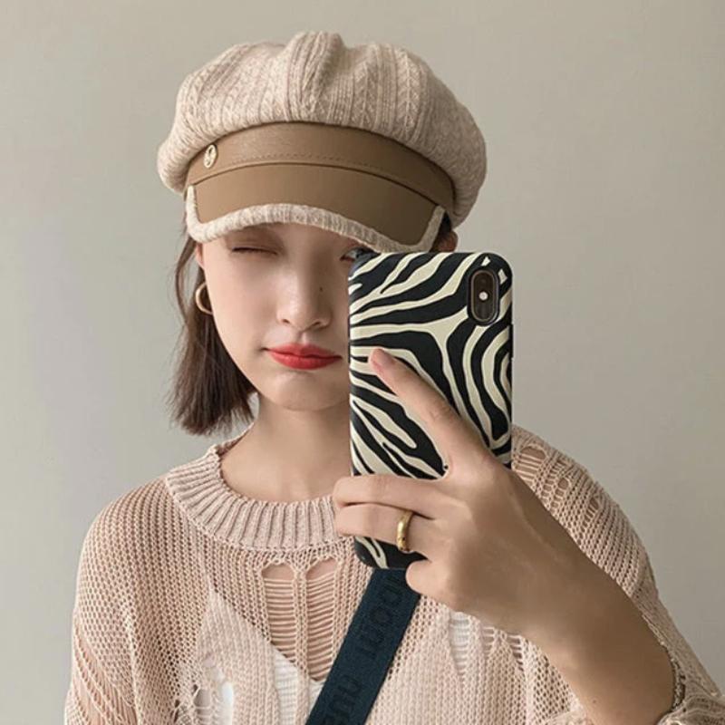 Leather Striped Newsboy Beret Hat With Brim