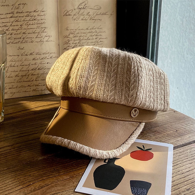 Leather Striped Newsboy Beret Hat With Brim