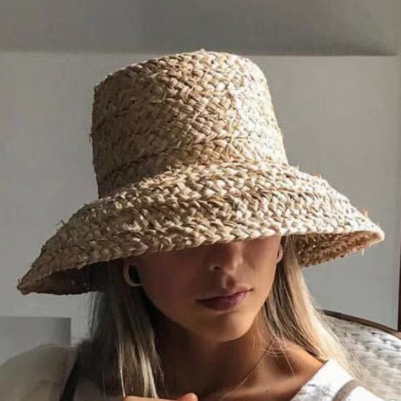 raffia bucket hat on model