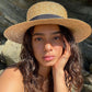 womens beach hat on model with closeup of face and hat