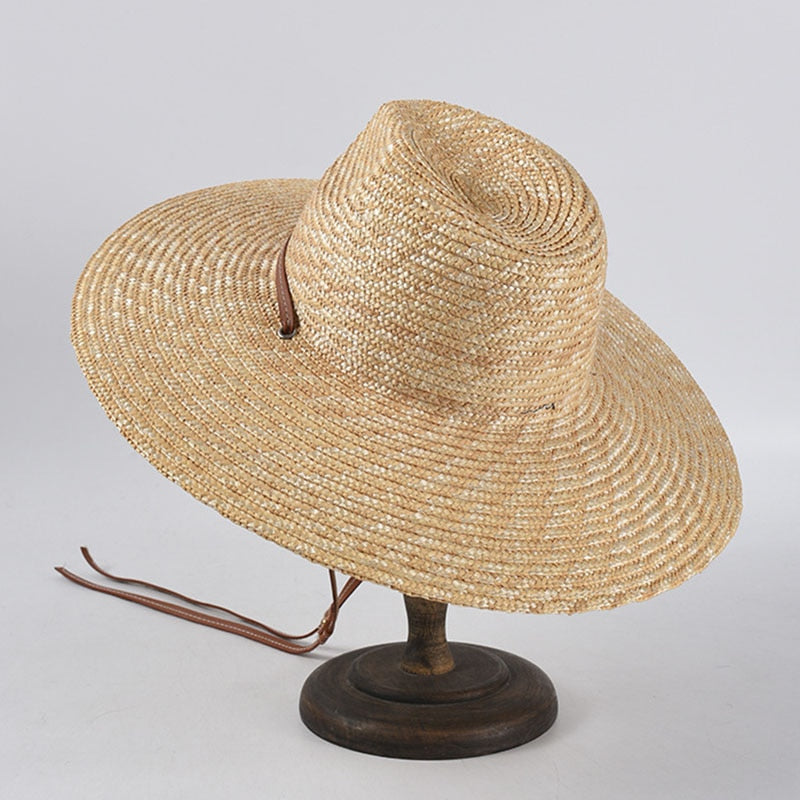 sun hat with strap on stand showing back of hat