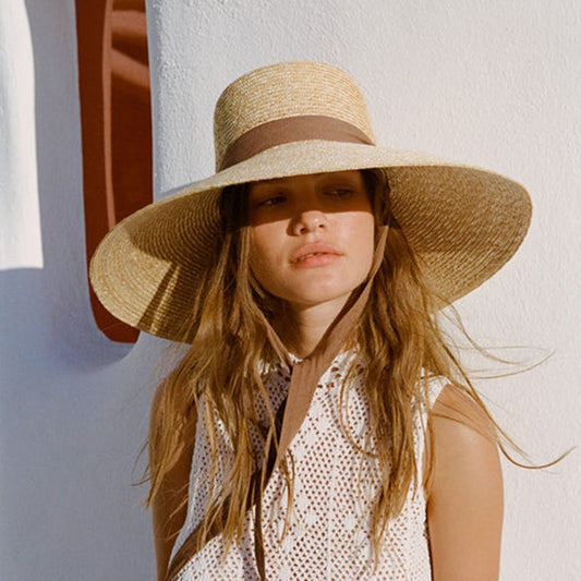 Wide Brim Sun Hat With Coffee Colored Tie