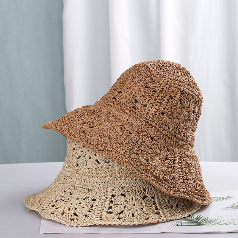 woven bucket hat showiong light brown and beige colors